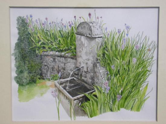 fontaine aux iris, dessin aquarellé